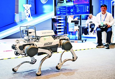 網(wǎng)絡(luò)安全博覽會上的企業(yè)展示電網(wǎng)巡線機器狗。新華社記者 鄧華攝