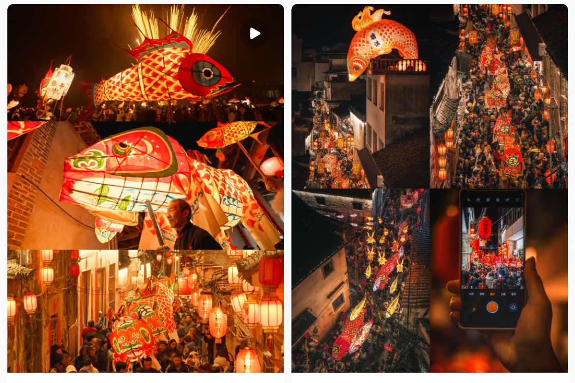 魚燈相關(guān)視頻、圖片獲得數(shù)萬點贊。社交媒體截圖